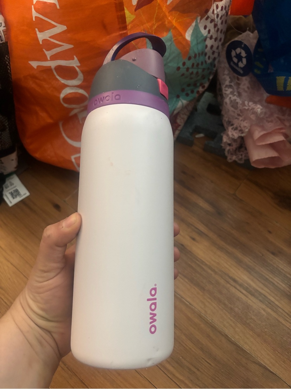 Owala white and purple water bottle